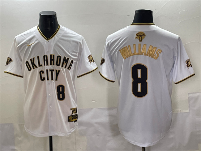 Men's Oklahoma City Thunder #8 Jalen Williams White/Gold 2025 Finals Vapor Stitched Baseball Jersey